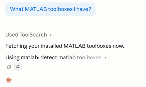 Claude Code odpovídá na dotaz What MATLAB toolboxes I have pomocí nástroje ToolSearch a skillu matlab detect matlab toolboxes